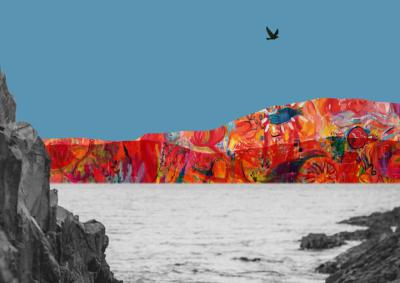 Land across an body of water are overlaid with a graffiti-like colourful artwork. Rocks are either side of the foreground